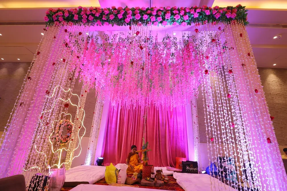 Pink crystal mandap setup for Mehndi and Engagement at Rangoli